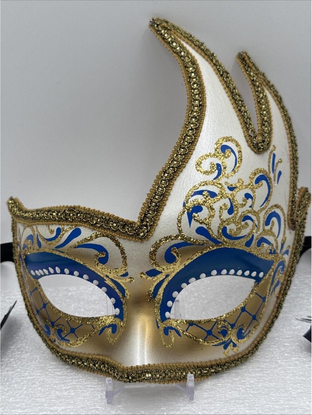 Vintage Venezia Hand Painted Mask Masquerade Gold Glitter Blue Paper Mache Italy